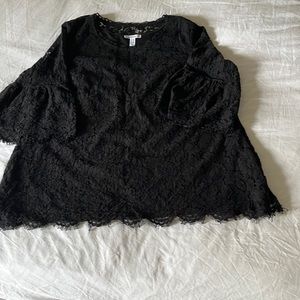 Isaac Mizrahi  Black Bell 3/4 Sleeve Scalloped Trim Lace Top Size1X